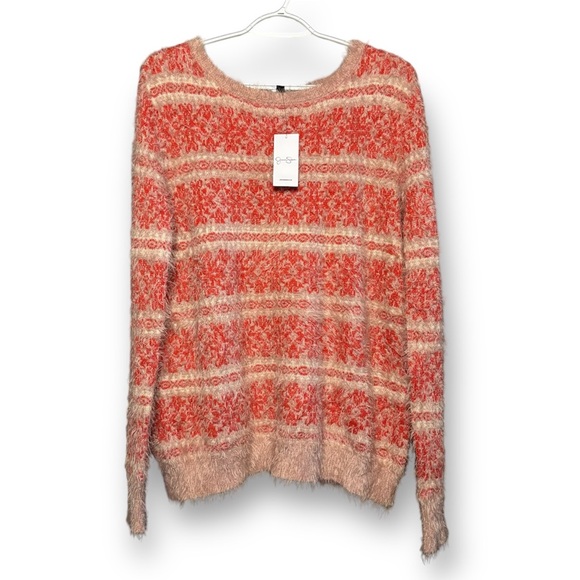 Jessica Simpson New Very Fuzzy Sweater Tunic M Deep Coral Ivory Plush - Picture 10 of 11